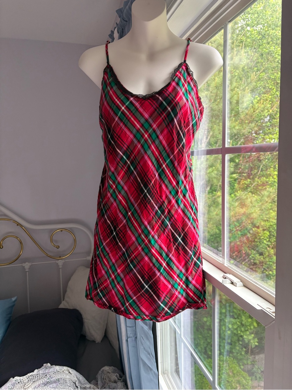 Victoria's Secret Red & Green Plaid Lace-Trim Slip
